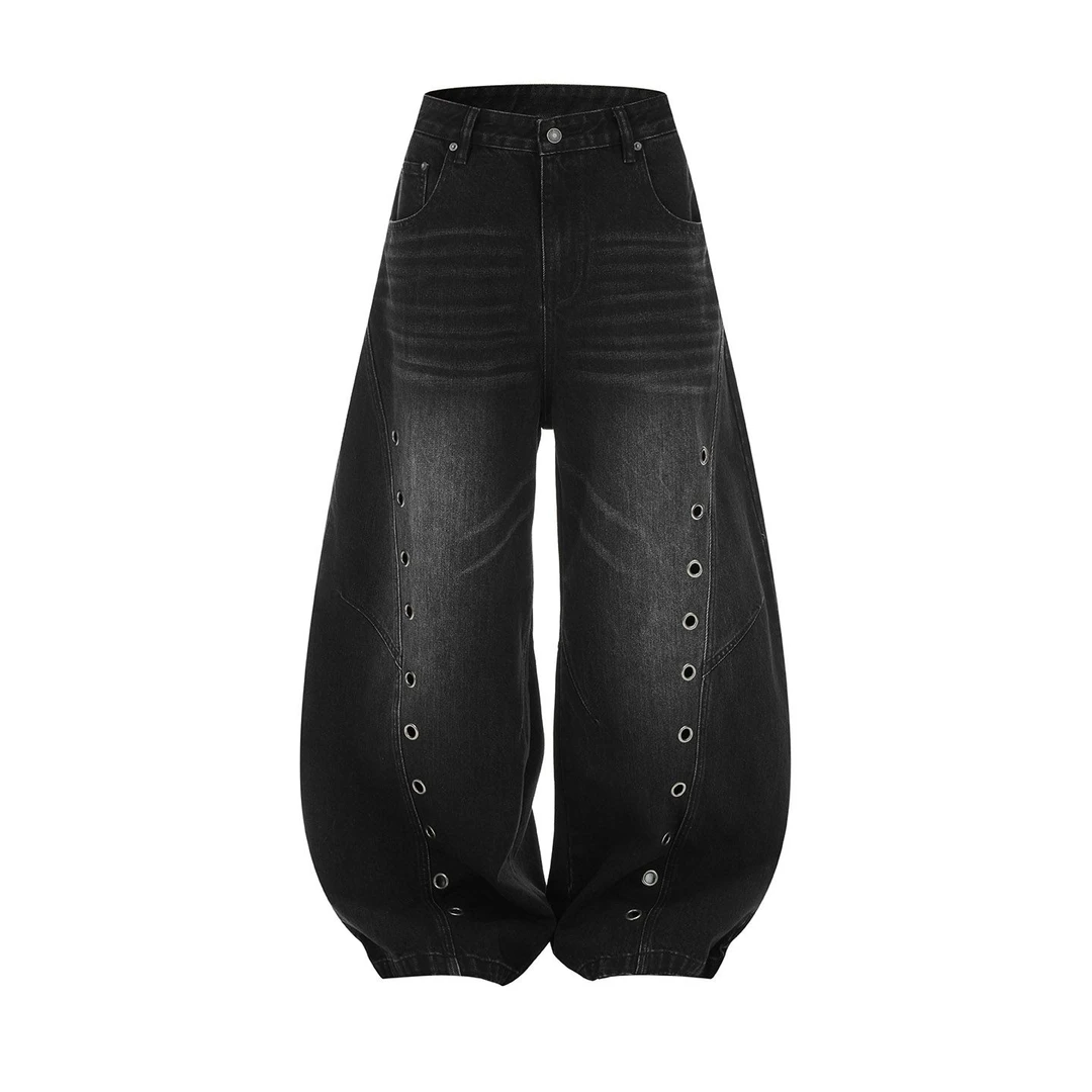 OTOTLEE美式复古气眼水洗做旧设计感弯刀牛仔裤男宽松阔腿长裤