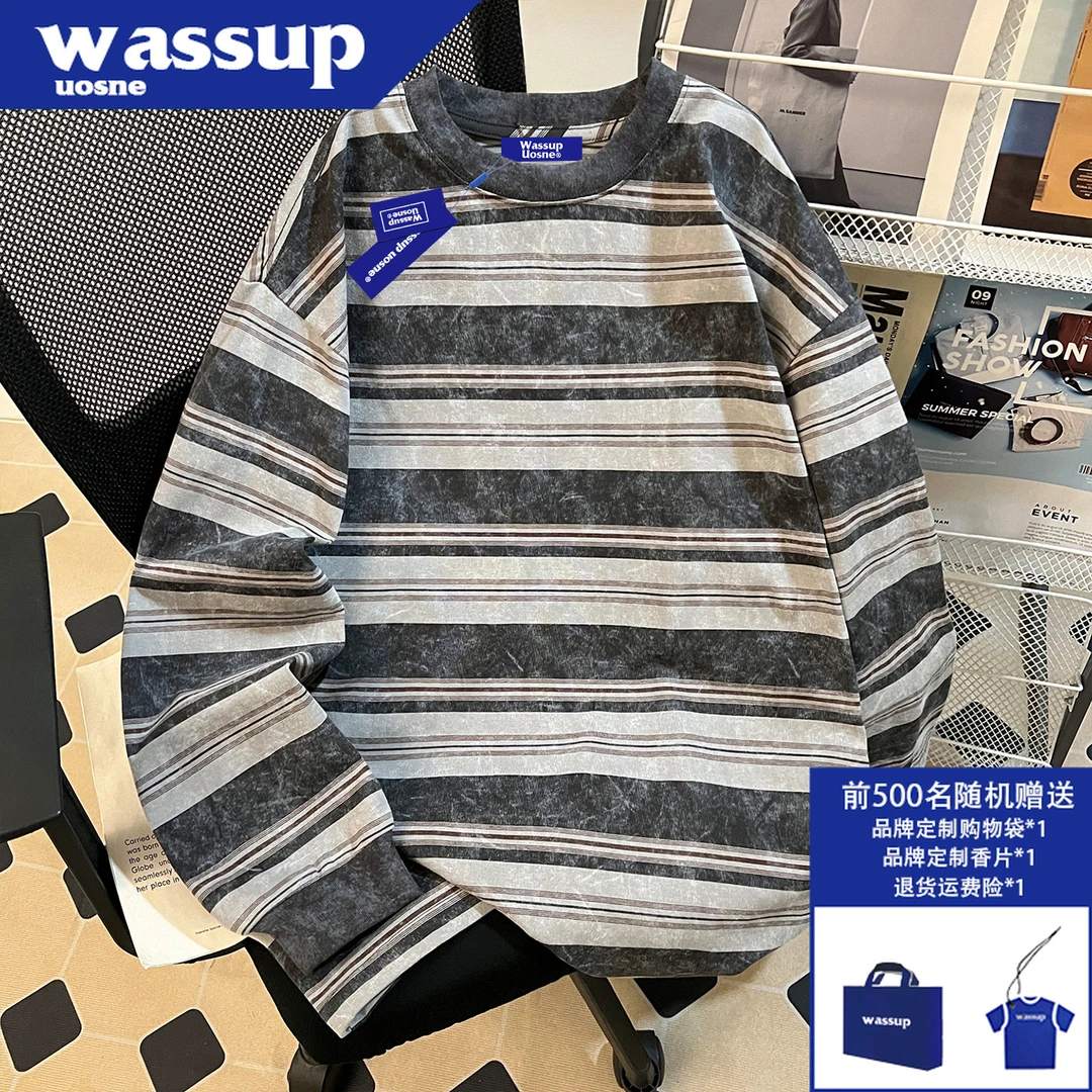 WASSUP UOSNE美式撞色条纹长袖男秋季小众百搭高级感cleanfit上衣