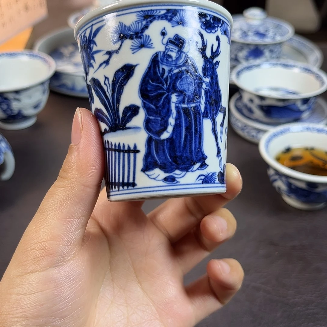 朝岚夕霞窑原矿釉烧制全手绘青花福禄寿主人杯