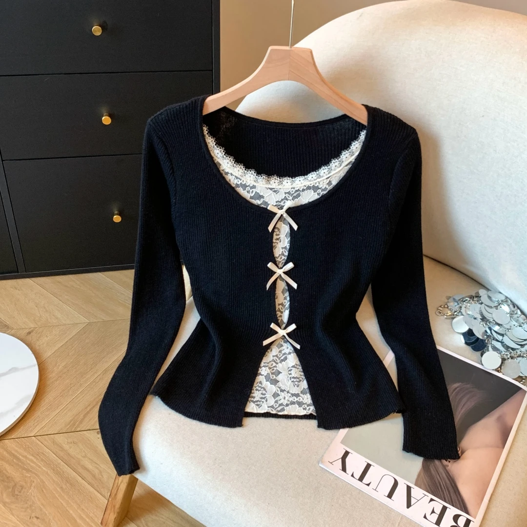 假两件别致蝴蝶结长袖针织衫秋冬季性感纯欲气质显瘦开叉修身上衣