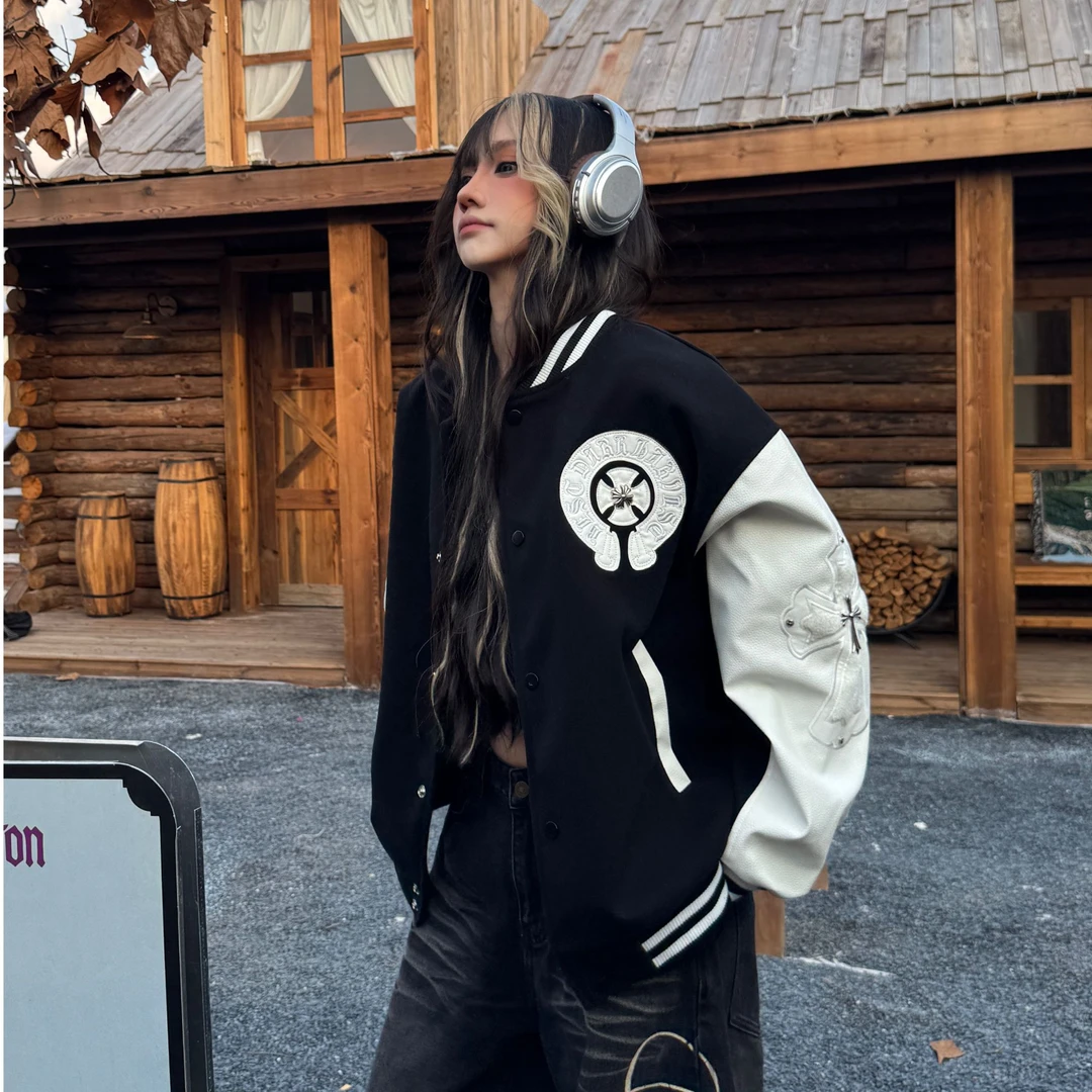 美式复古街头潮流十字架贴皮刺绣钢标棒球服夹克宽松男女情侣外套