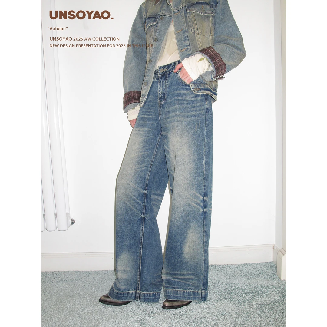 UNSOYAO 25AW“西部蓝牛仔”进口原牛洗水扎花vintage阔腿牛仔裤