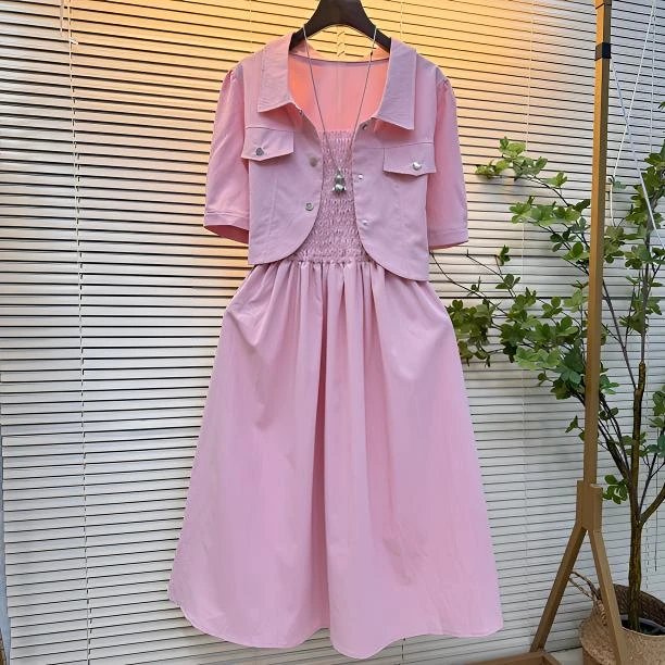 时尚洋气减龄半袖显瘦大码外套加吊带裙套装夏季宽松气质收腰