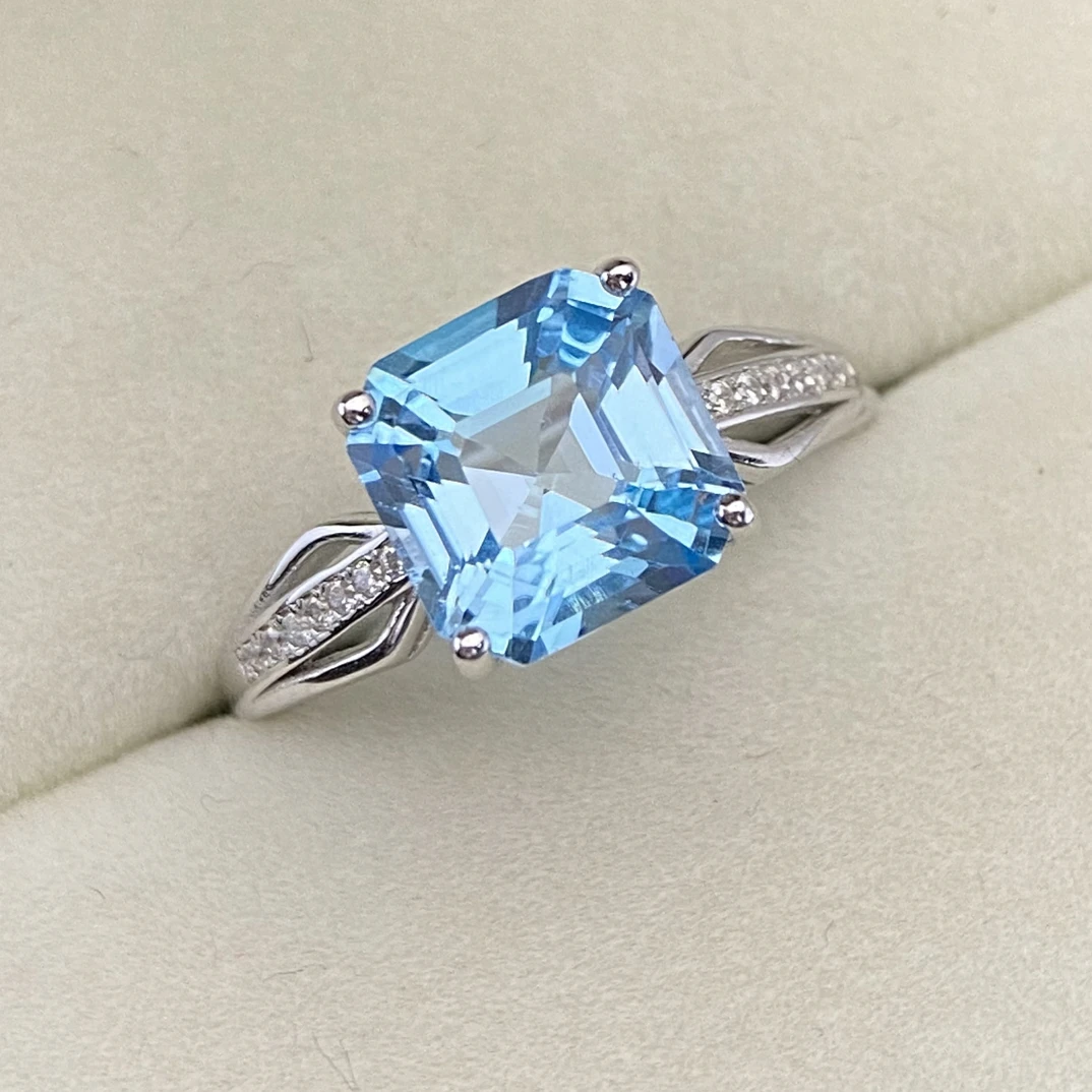 阿斯切工天然瑞士蓝托帕石戒指s925银9*9mm轻奢经典时尚百搭简约