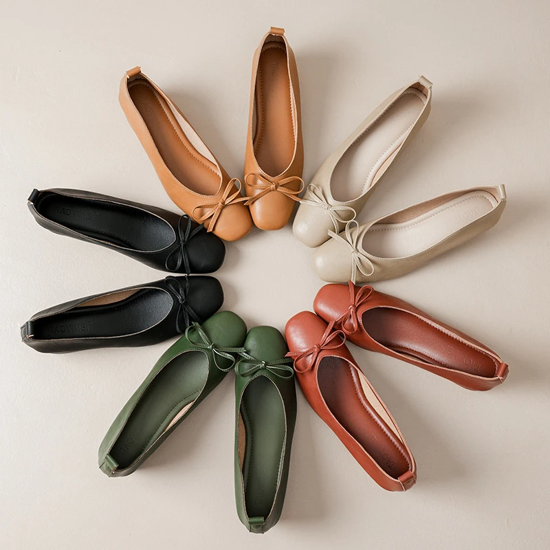 真皮浅口单鞋女粗跟方头软底蝴蝶结复古奶奶鞋通勤小皮鞋不累脚