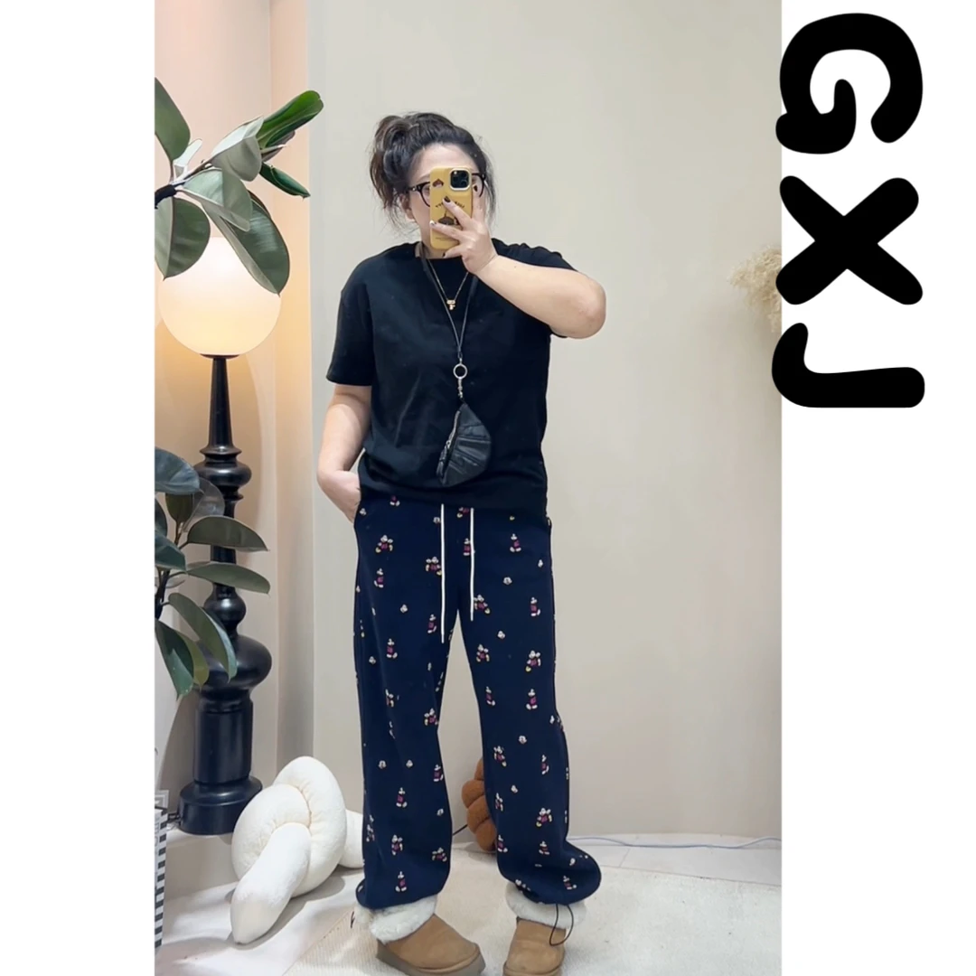 「恭喜家」加绒水印米奇抽绳两穿卫裤