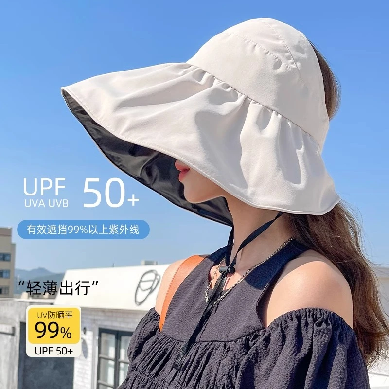 防晒帽夏季新款女士遮阳帽大檐太阳帽黑胶渔夫帽遮脸海边遮阳帽子