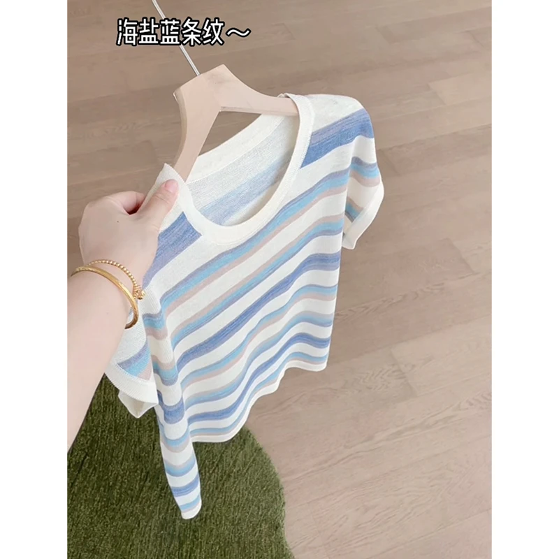 【海盐蓝条纹衫】新款设计感撞色条纹百搭针织短袖