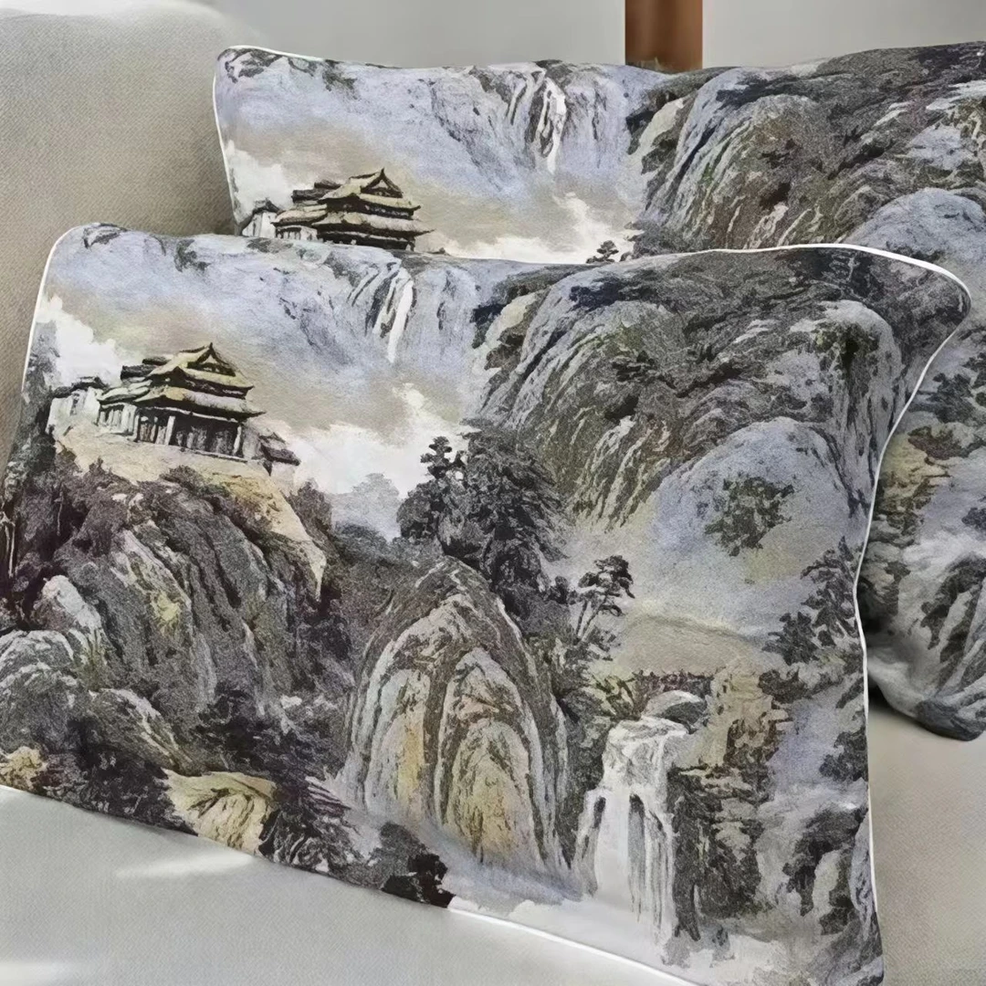 提绣红火麻纱布枕套一对--50cm*80cm龙纹墨香