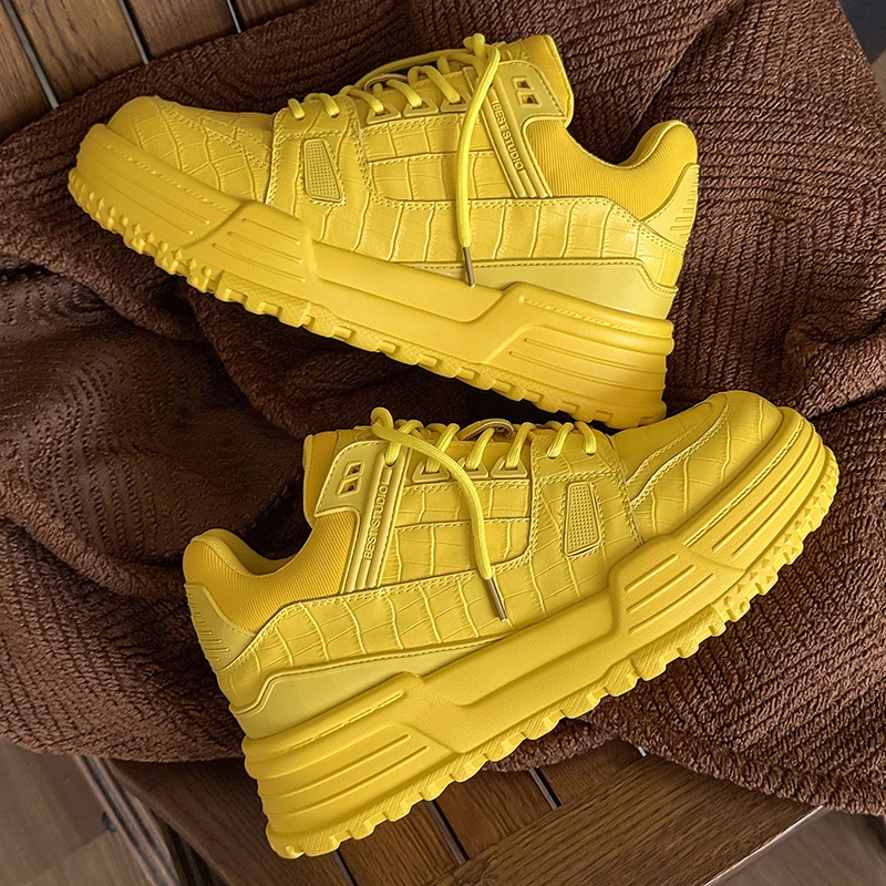 2025新款黄色潮流情侣鞋子隐形7CM小个子厚底增高鞋百搭休闲男鞋