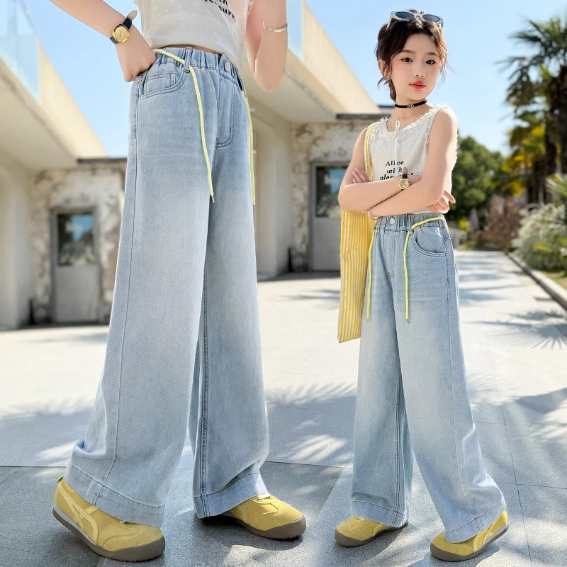 女童裤子薄款夏2025新款儿童洋气6-14岁女大童休闲宽松牛仔阔腿裤