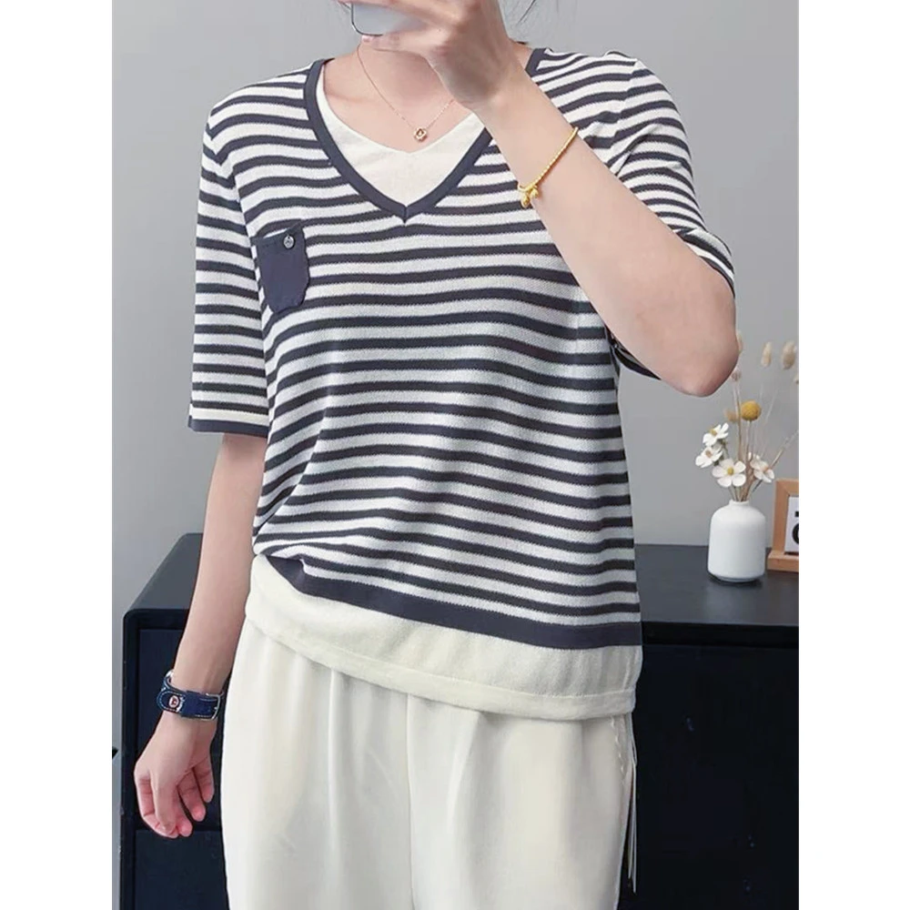 D021莱赛尔亚麻混纺！ 条纹假两件胸口带口袋套头款短袖春夏新款