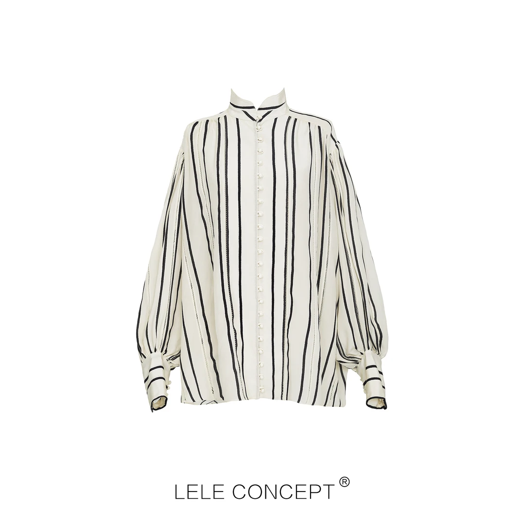 LELE CONCEPT |「夭夭」众设计感复古条纹立领小扣衬衫S0241