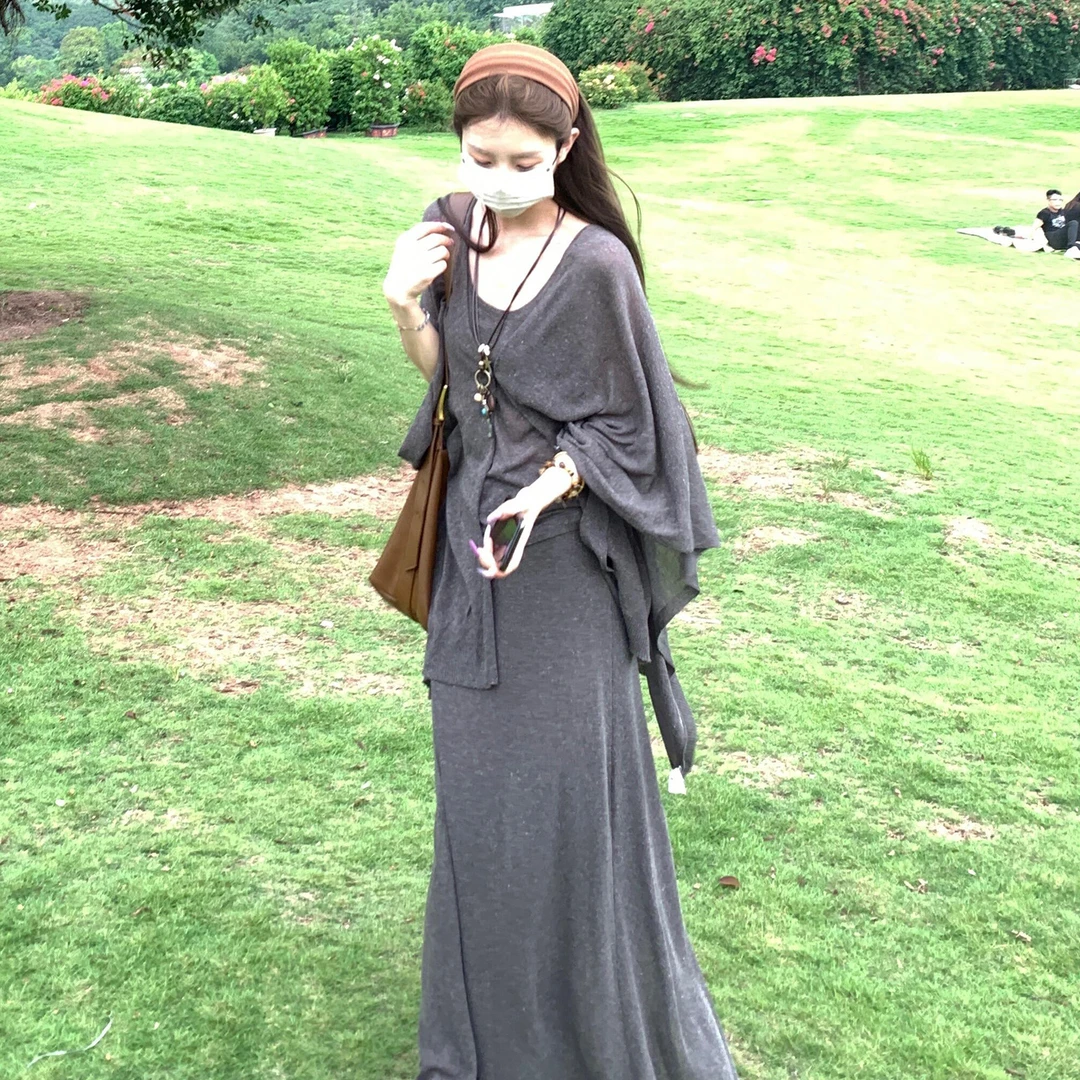 漂亮冷淡系慵懒风灰色开叉连衣裙早秋气质一整套ootd减龄穿搭6443