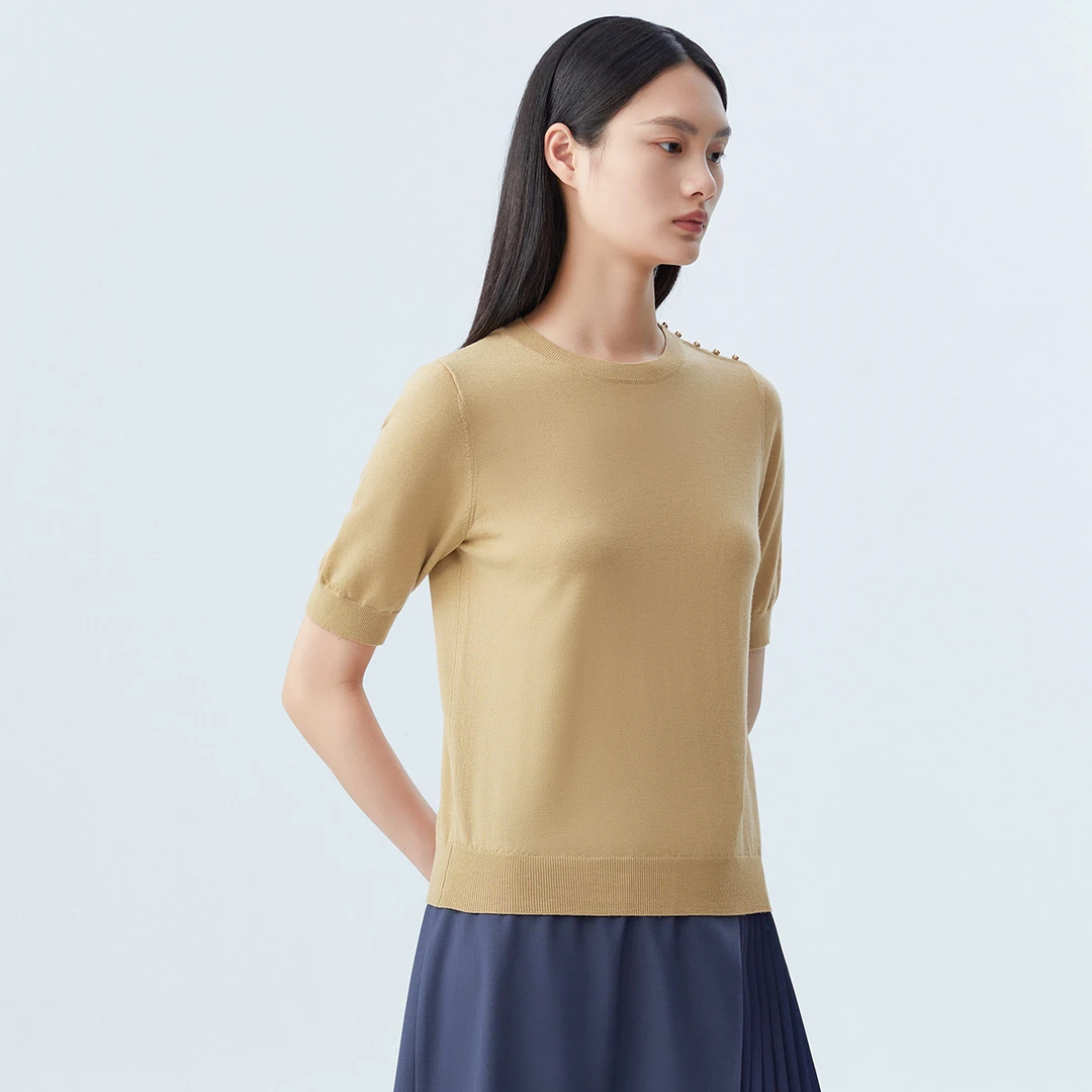 LANCY/朗姿【专柜同款】春秋款套头毛针织衫女短袖宽松内搭上衣