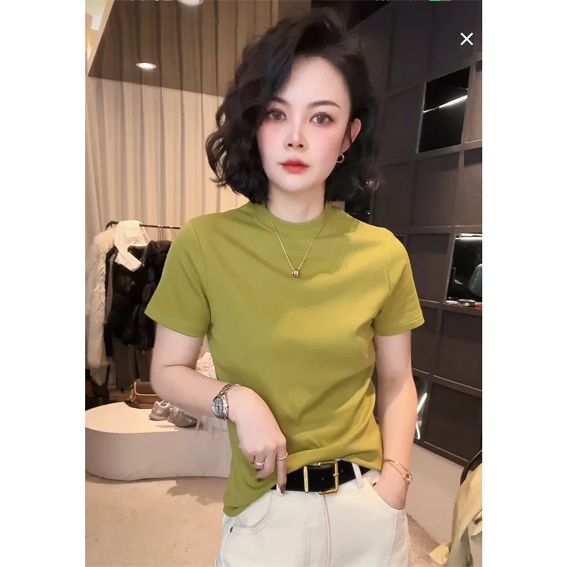 2025年早春款百搭纯色短袖显瘦上衣圆领设计感时尚款T恤女