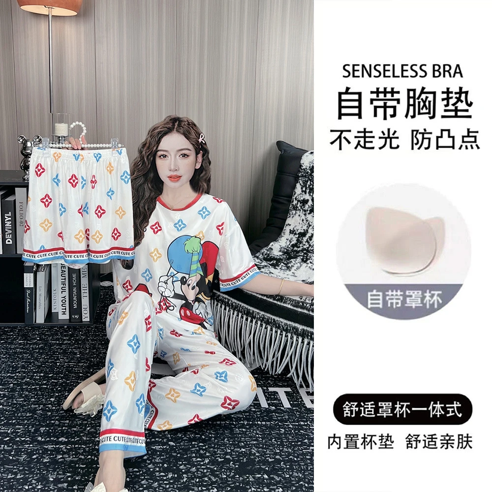 带胸垫夏季提花冰丝睡衣女短袖薄款三件套宽松卡通家居服套装夏天