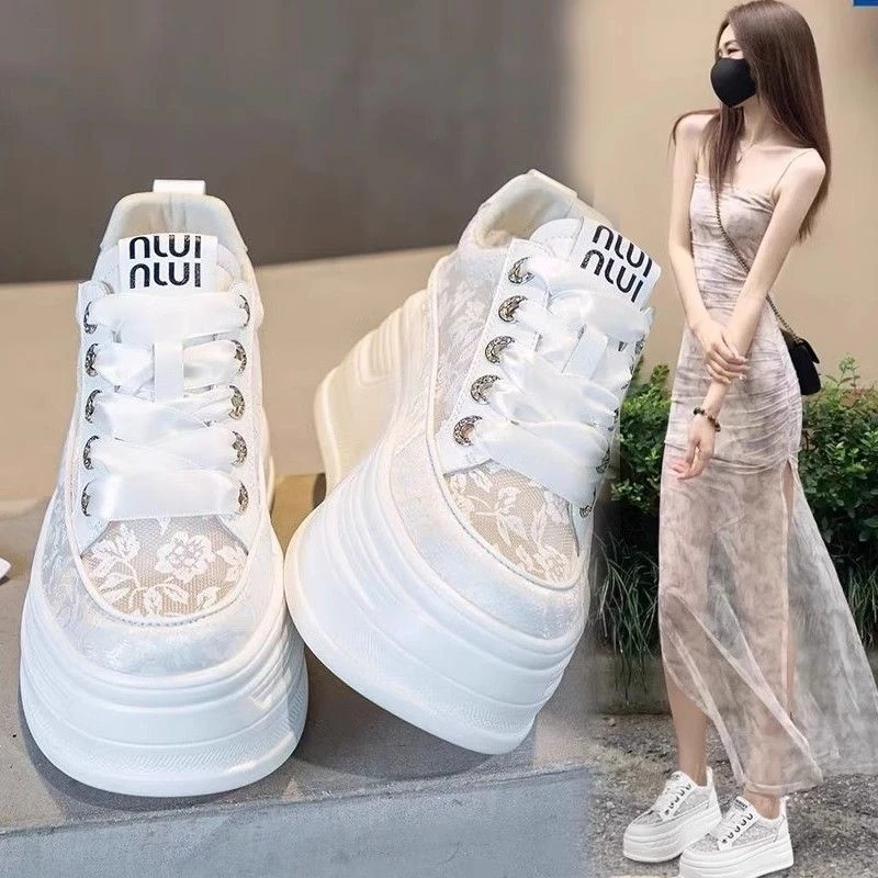 新中式松糕厚底小白鞋女2025夏款网面透气内增高8cm蕾丝真皮休闲