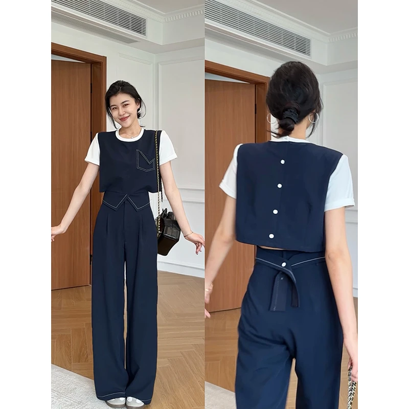 张阿星睿智老钱立体版型明线假两件T恤+显瘦直筒裤 W425A06994