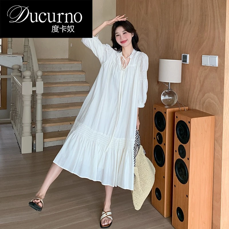 法式系带白色连衣裙女夏季2025新款慵懒度假风超好看宽松a字长裙