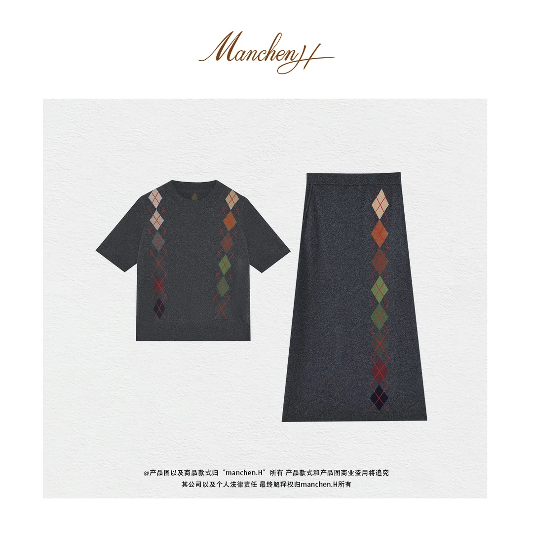 曼辰manchenh"左岸迷香"原厂纱KVSS100羊绒手工挂毛针织套装