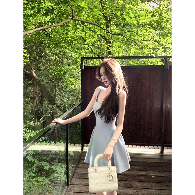 法式气质蓝色吊带连衣裙女夏季小香风高端精致气质名媛宴会小礼服