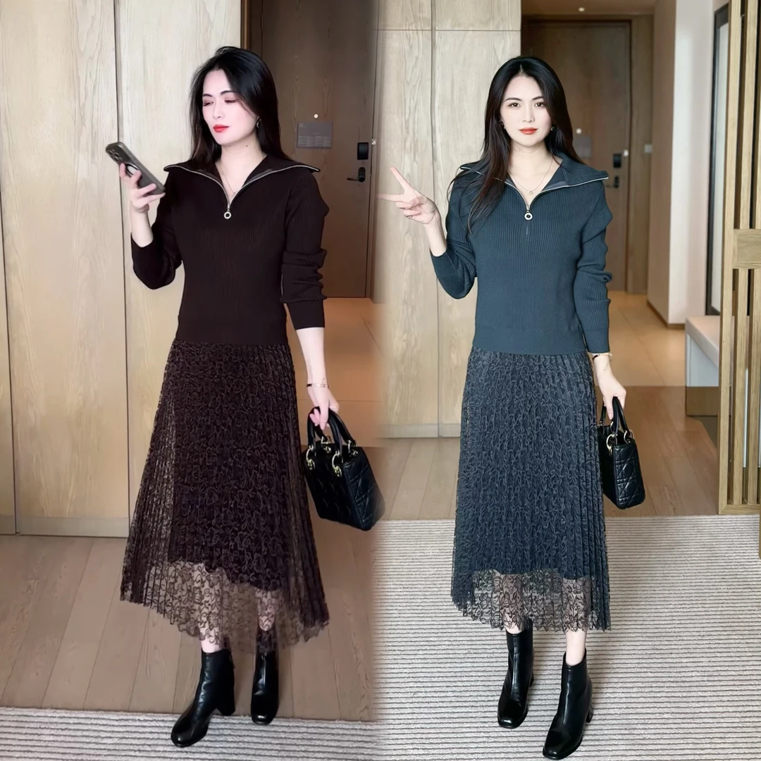 秋季收腰拼接针织连衣裙2025秋冬新款显瘦女神气质修身名媛长裙子