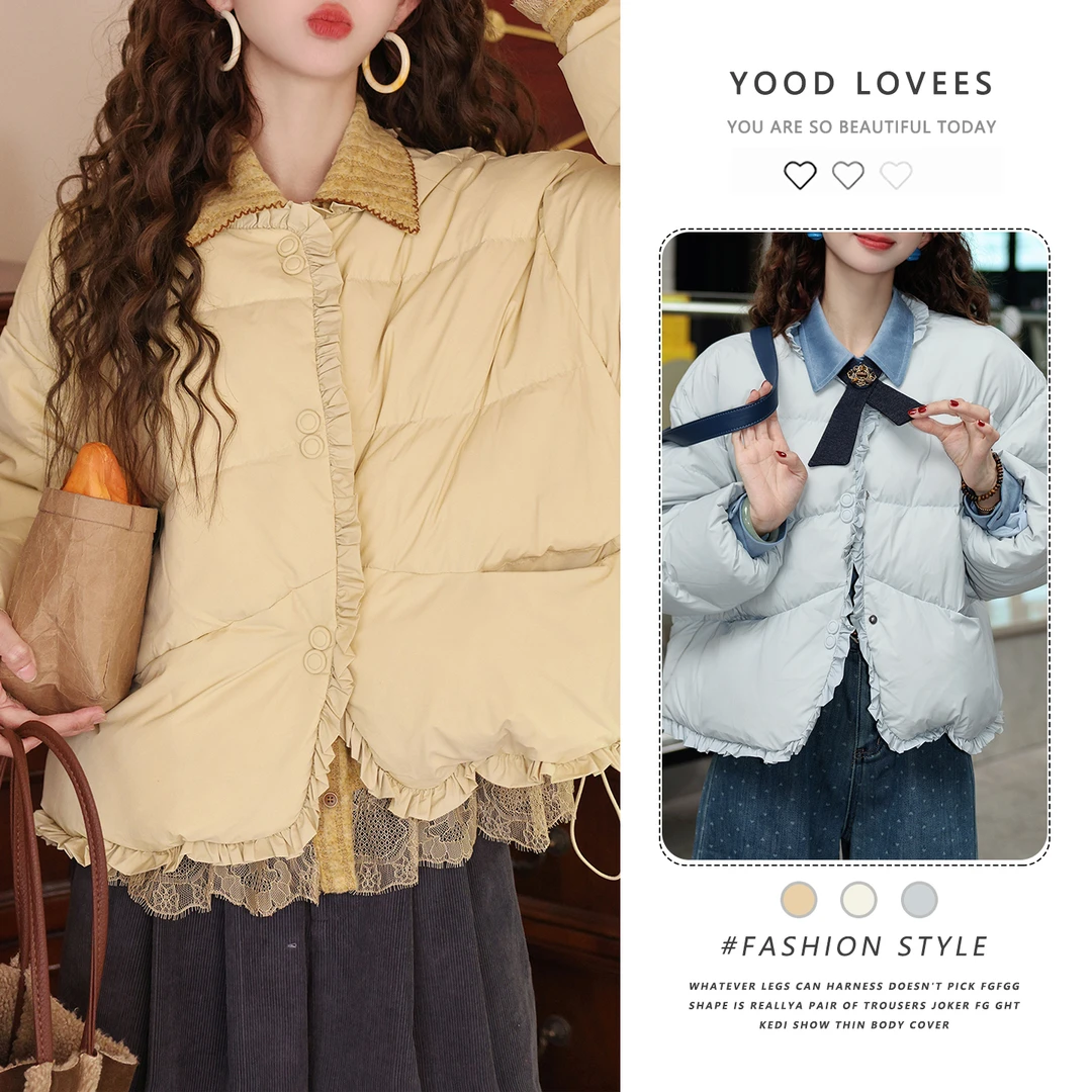 甜美减龄圆领木耳边加绒棉服女2025冬季新款洋气加厚保暖短款外套