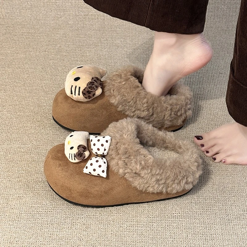 内增高一脚蹬可爱毛毛鞋女2025冬季新款厚底包头拖鞋外穿加绒棉拖