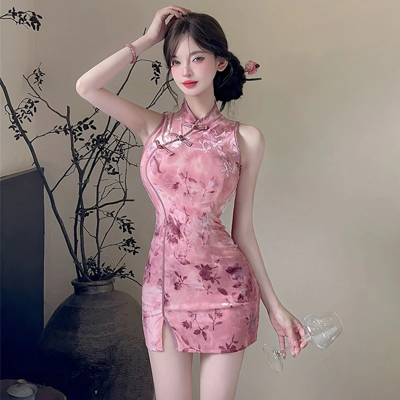 纯欲性感旗袍年轻款少女修身显瘦复古印花短款包臀新中式连衣裙夏