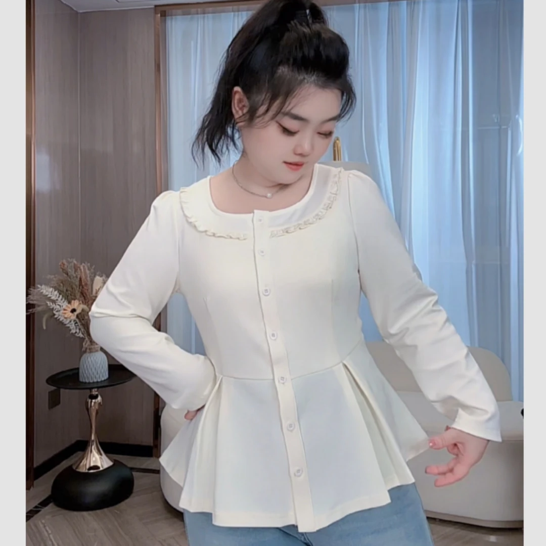 2025秋季新款胖mm大码女法式气质木耳边长袖衬衫收腰显瘦上衣