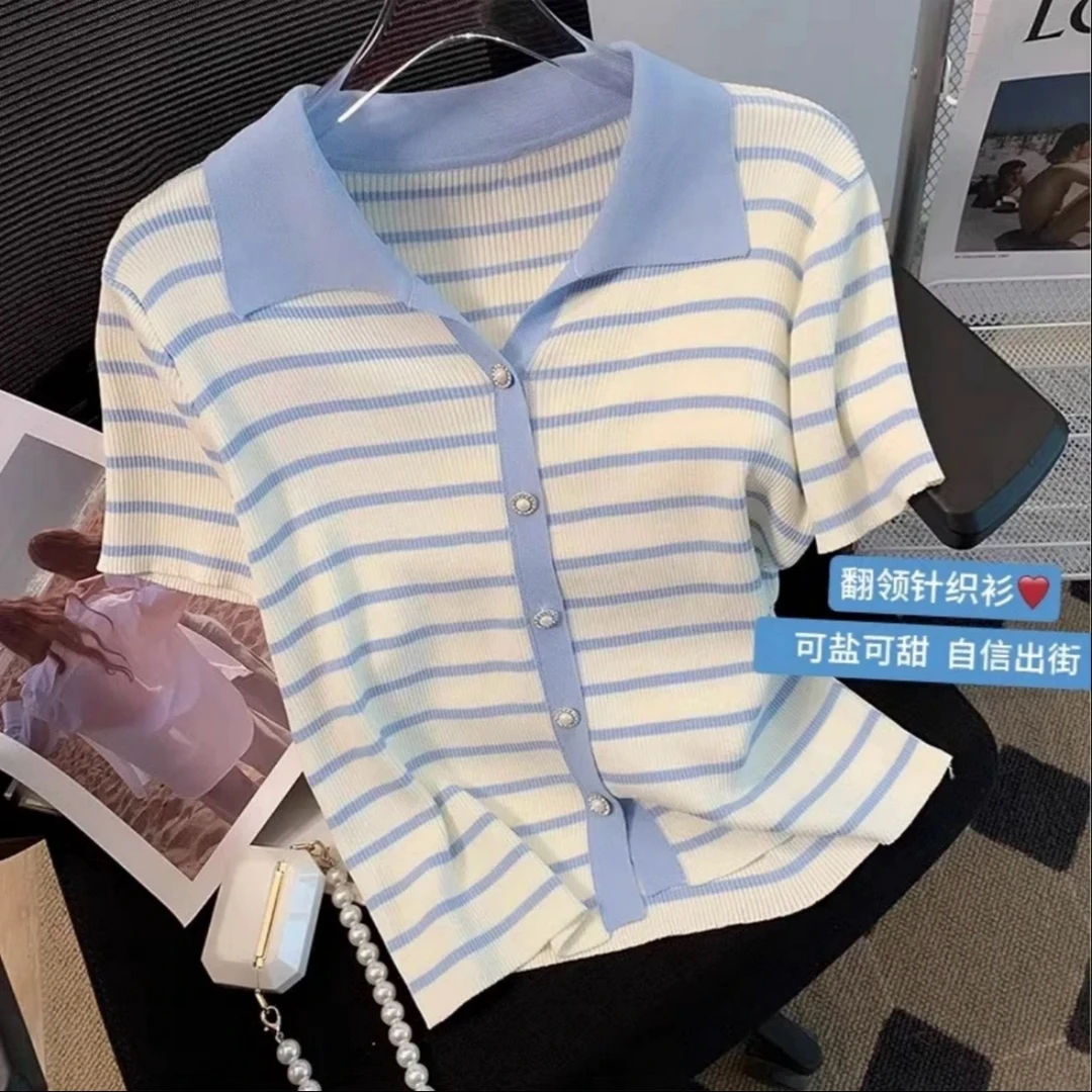 Polo领优雅拼色条纹冰丝针织开衫女夏季减龄短款百搭上衣薄款115