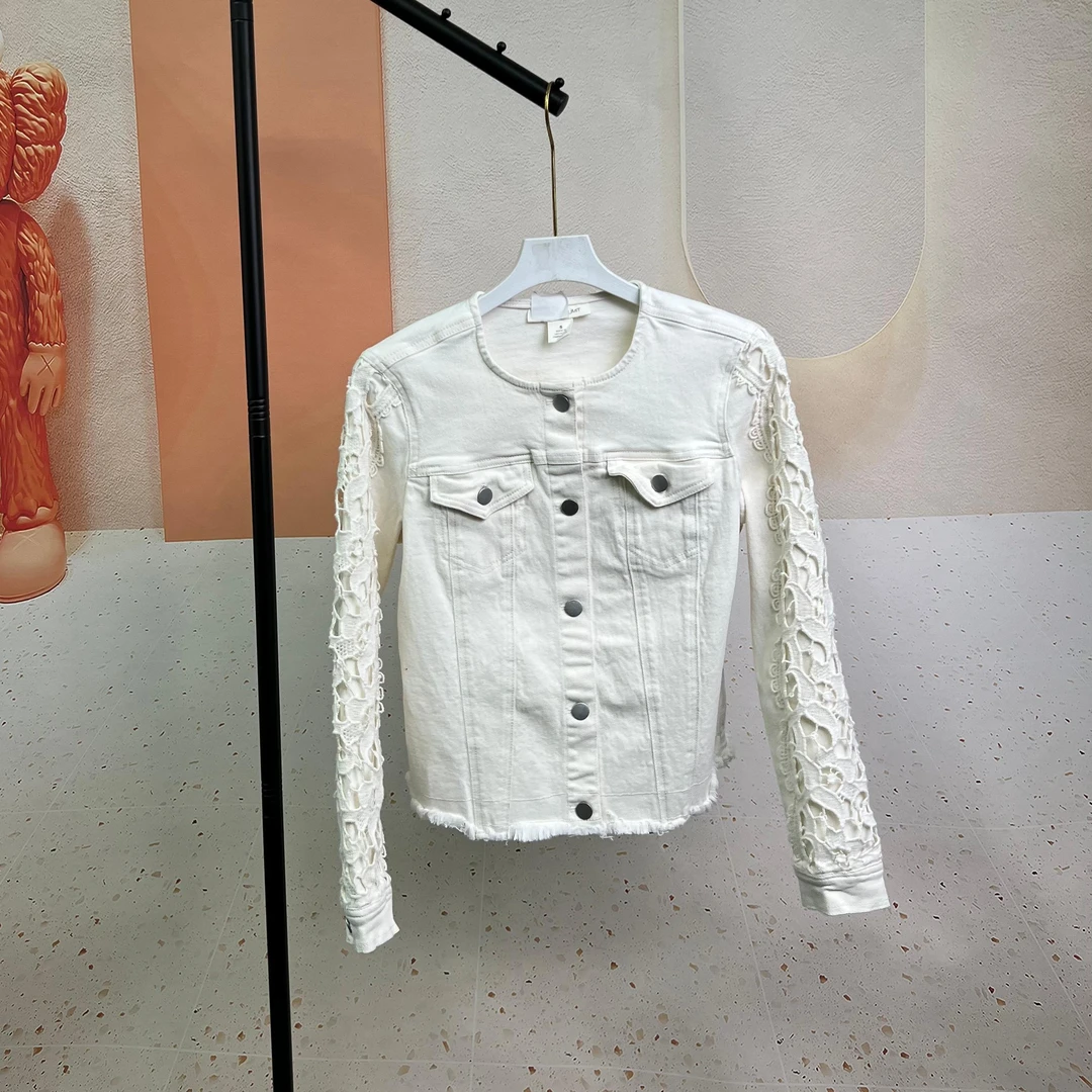 U0627捷拉服饰25春季新款花边拼接长袖修身百搭毛边圆领牛仔外套