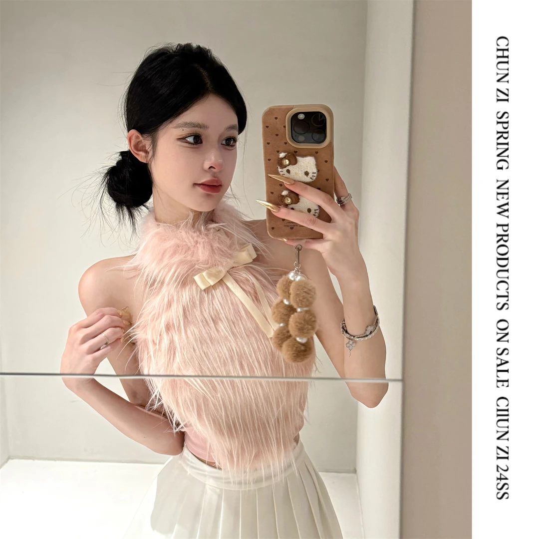 【CHUN ZI】欲野狐狸设计感小众蝴蝶结粉色毛毛吊带背心毛绒上衣