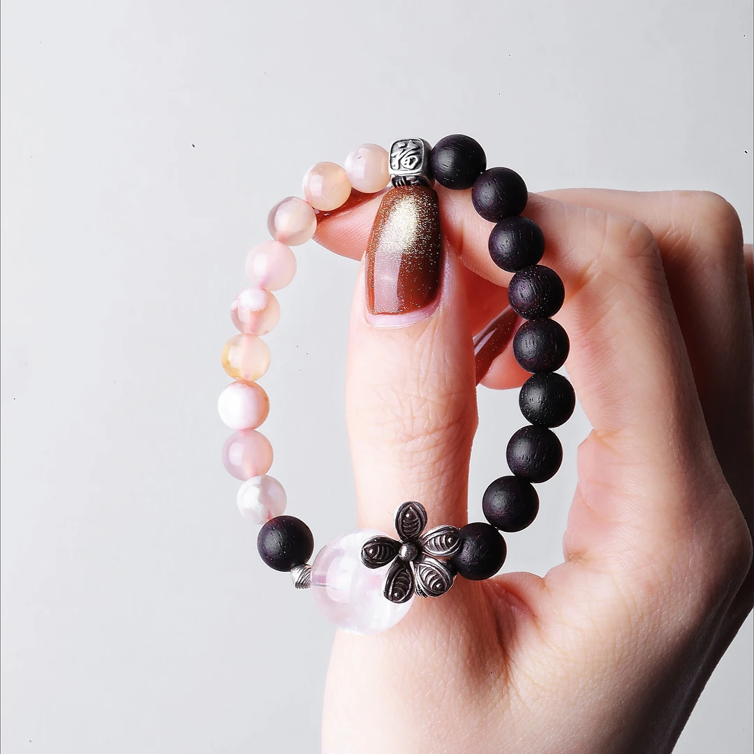 足银木质手链 七 <入梦> S09652雪花幽幽花朵粉白串珠拼接手链