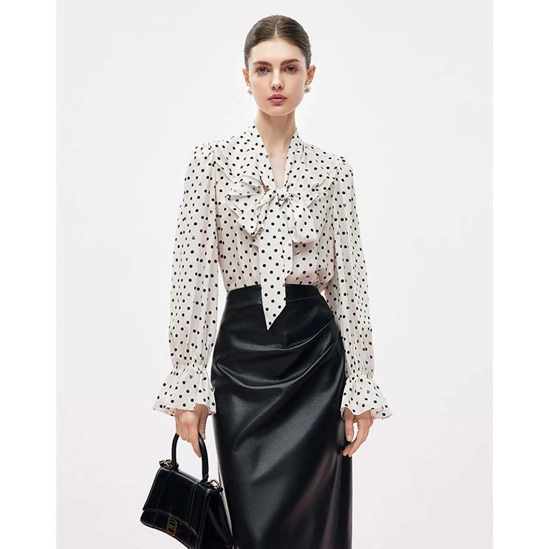 【两件套】法式蝴蝶结秋季长袖飘带波点圆点衬衫+半身裙套装D3517