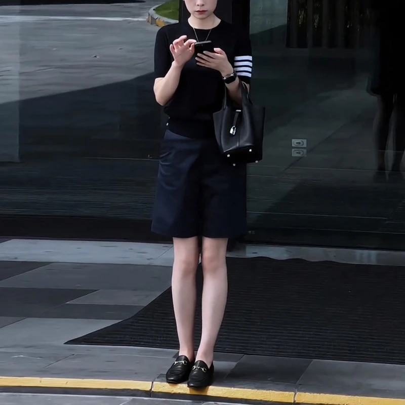 2025夏季韩版时髦通勤Polo领条纹短袖上衣高腰简约休闲短裤两件套