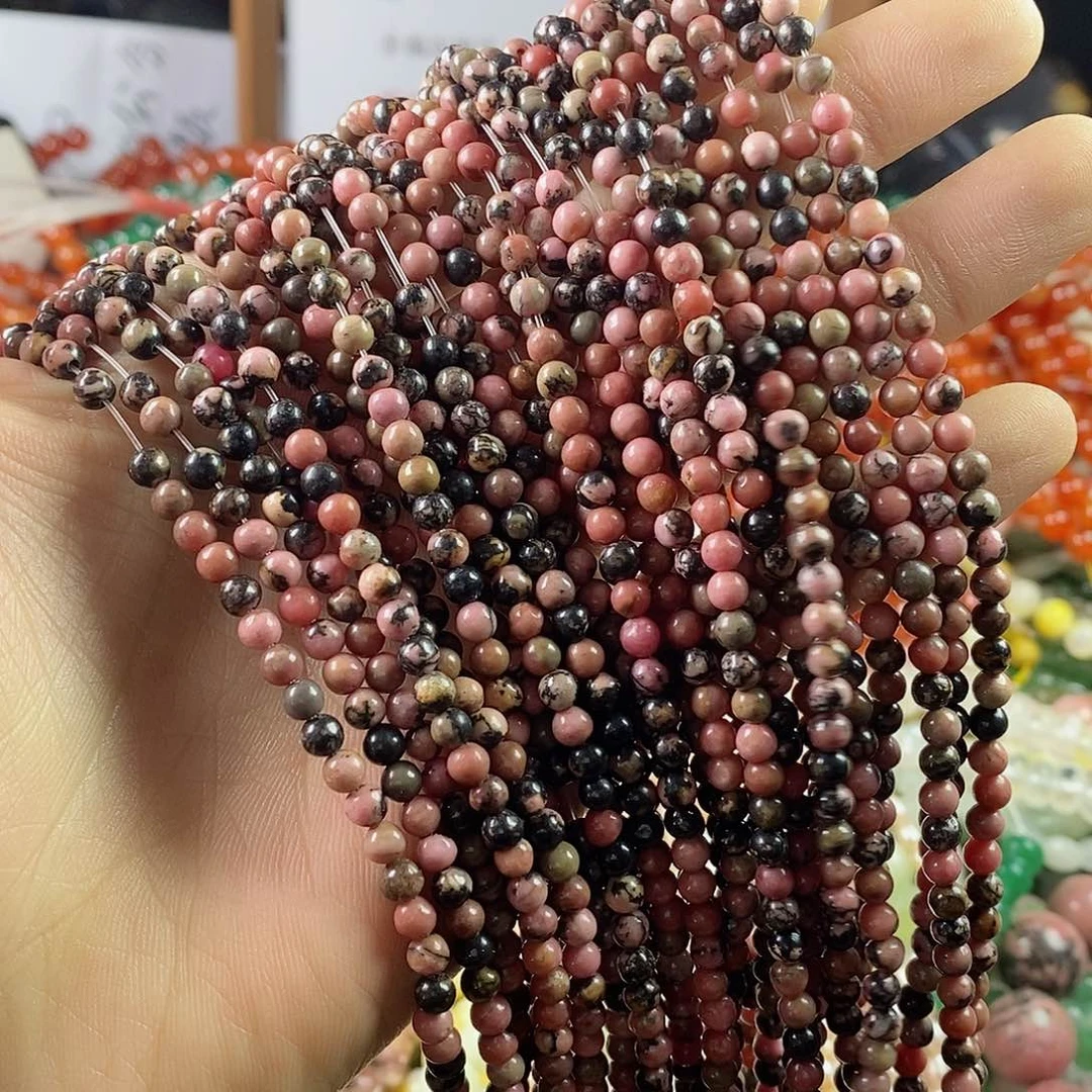 玛瑙/玉髓珠宝半成品合金一条天然4mm黑线蔷薇石