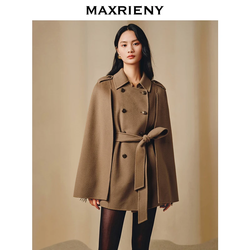 MAXRIENY复古精致双面呢毛呢外套大衣女雅丹风穿搭山羊绒斗篷秋冬