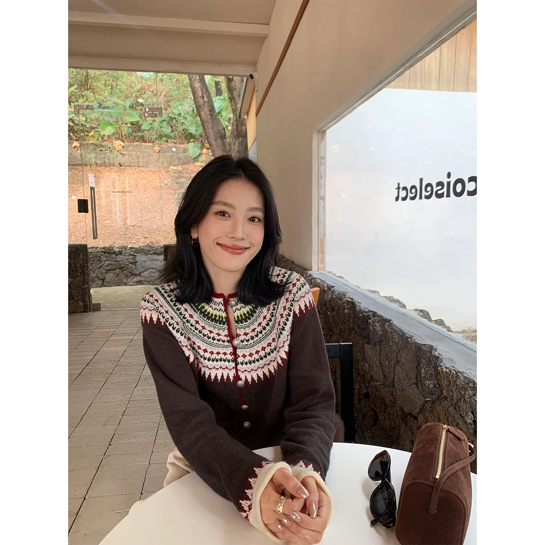 IAMJAM【12.29新品】“冬织栗绒费尔岛提花针织衫”秋冬显瘦开衫