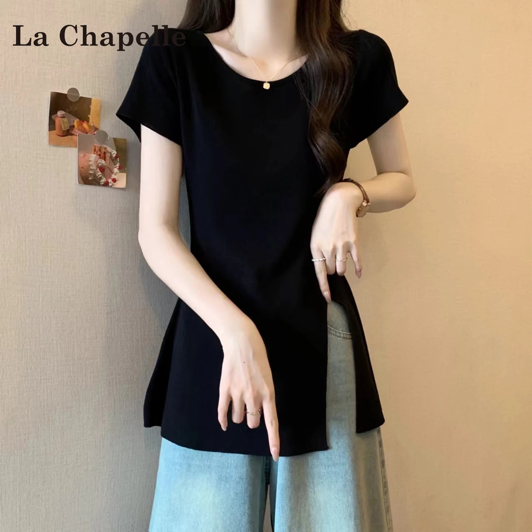 拉夏贝尔开叉不规则正肩短袖t恤女夏季2025新款显瘦百搭气质上衣