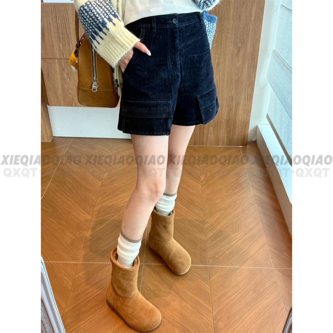 谢荞荞「腿精比例」秋冬季款小众设计高腰显瘦拼接口袋休闲阔腿短裤