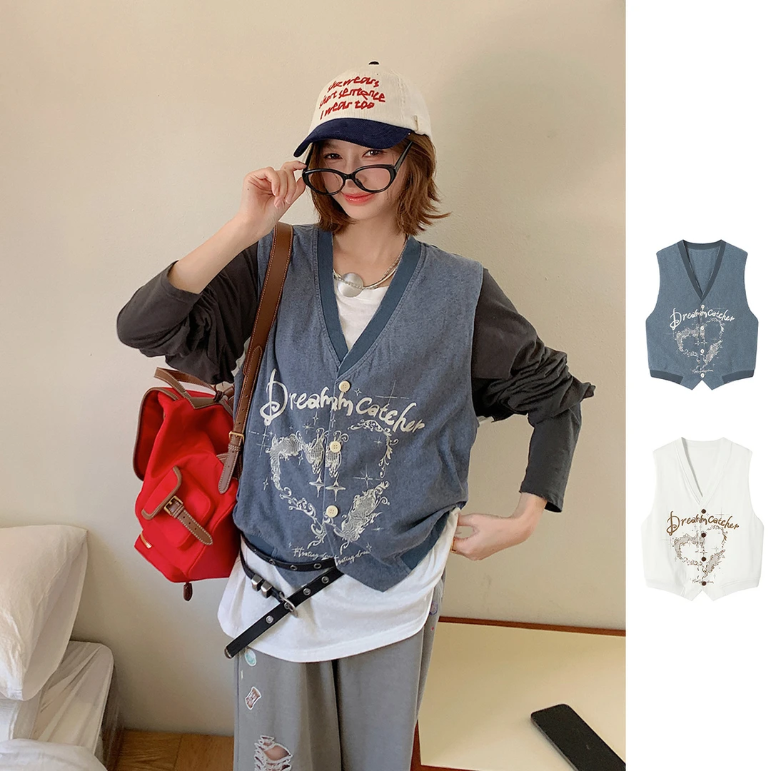 REREK设计师品牌撞色印花V领磨破宽松休闲针织马甲R25C06109156