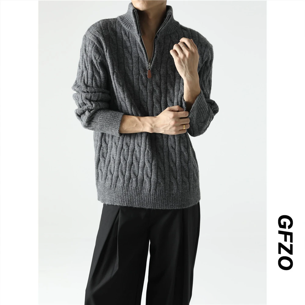 复古麻花纹半高领拉链毛衣男秋冬季美式老钱风套头针织衫内搭