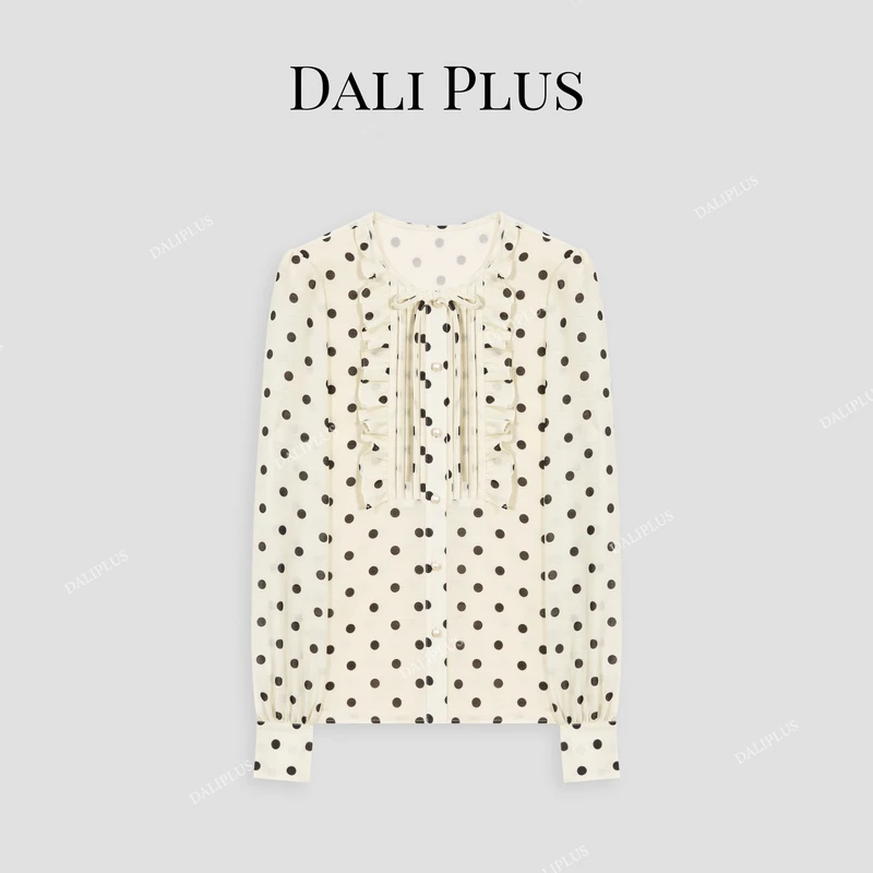 DALI PLUS法式复古波点捏褶设计绑带蝴蝶结长袖圆领衬衫-D5XY1009