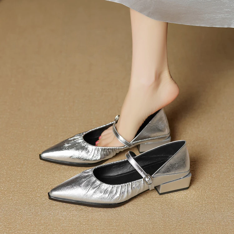 里外纯皮～羊皮3.5cm尖头法式舒适玛丽珍时尚浅口单鞋春季韩版粗跟