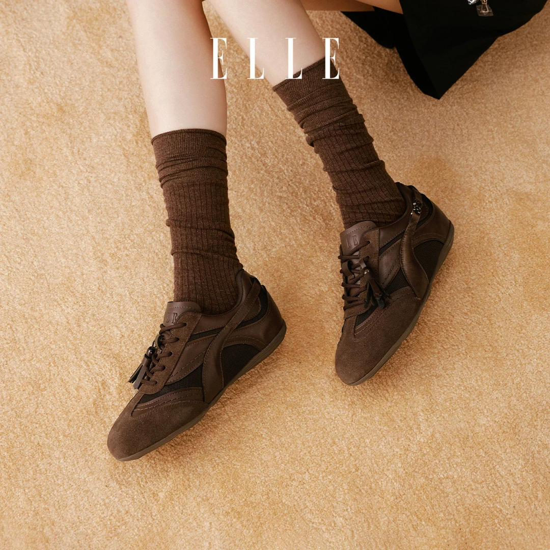 ELLE女鞋2025新款秋季复古坚果德训鞋女平底阿甘鞋子厚底板鞋高街
