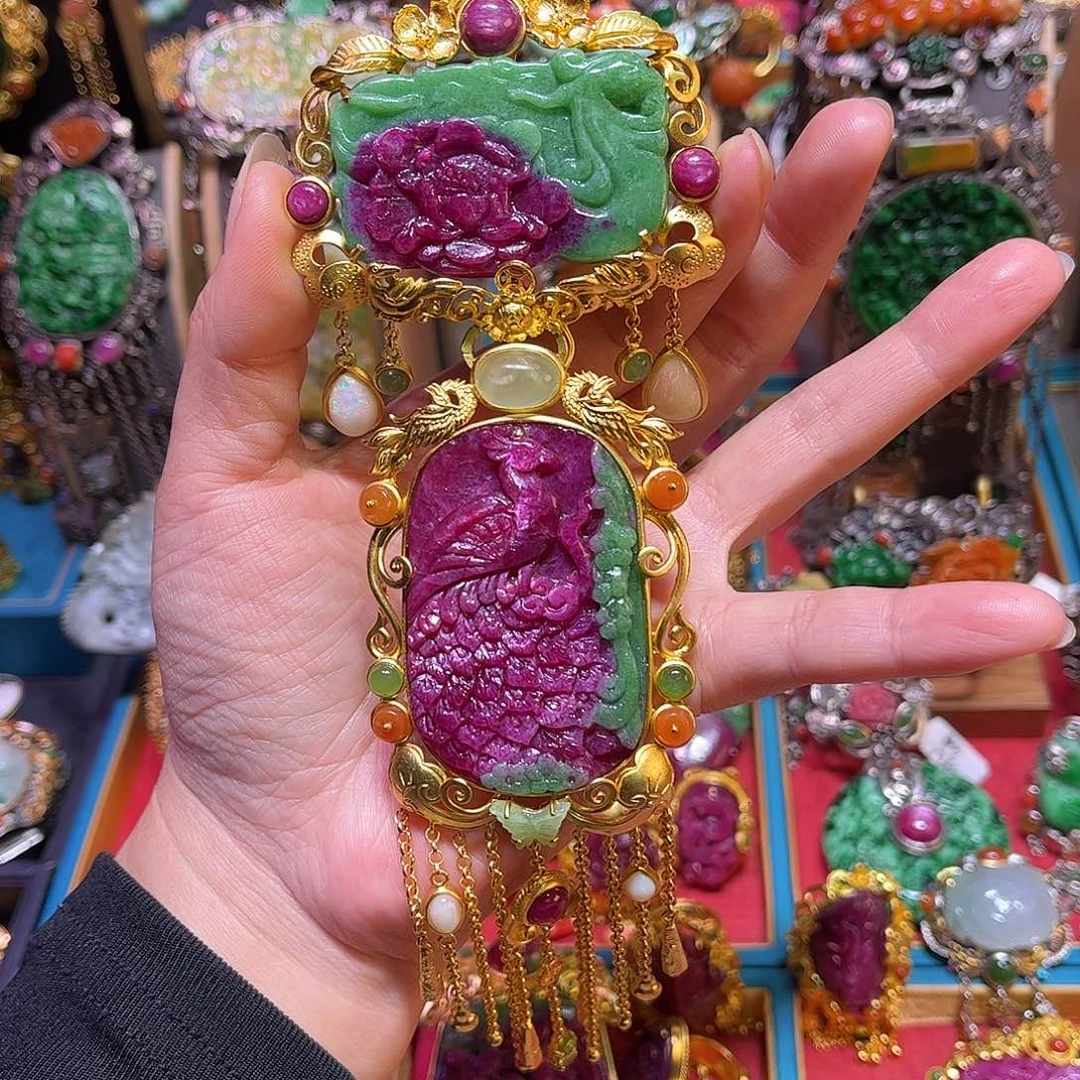 红宝石银S925镀金镶嵌吊坠(不含链)