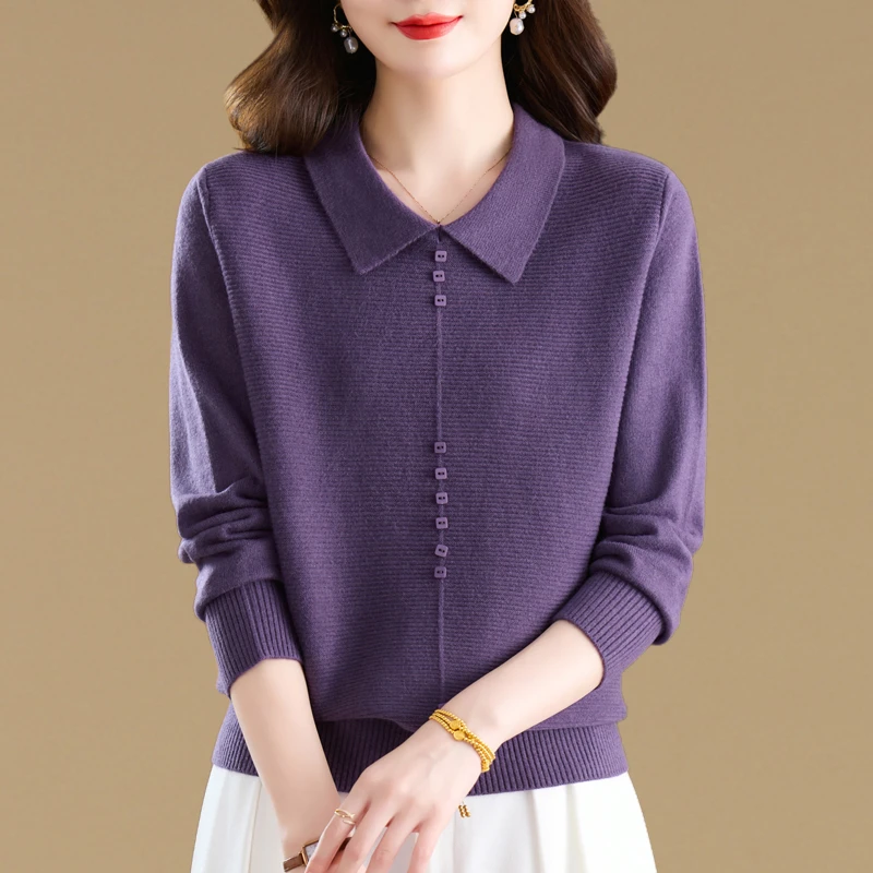 时髦气质长袖娃娃领毛衣女套头短款秋冬季宽松大码翻领针织打底衫