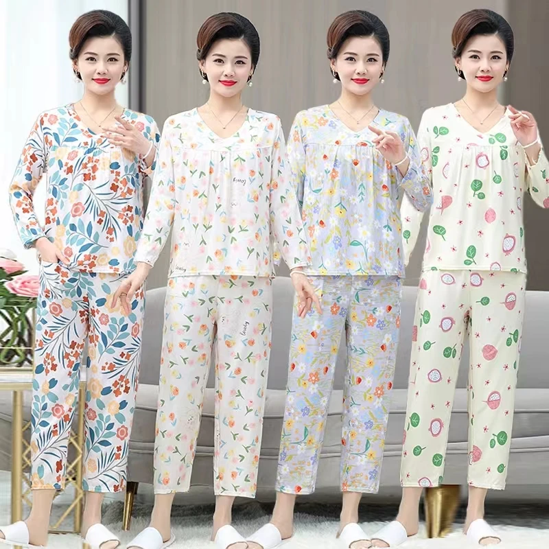 夏季V领绵绸长袖长裤套装2025年新款碎花休闲家居服可外穿空调服